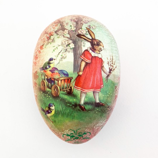 4-1/2" Pink Papier Mache Easter Egg Container with Vintage Bunny and Egg Cart ~ Germany